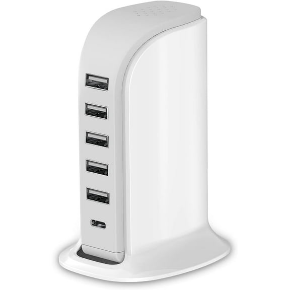 Charging Station for Multiple Devices 40W , Wall Charger Block 5 USB Ports(Shared 6A), USB Charging Hub Smart IC, Charger Tower with Type-C 3A for iPhone iPad Tablets Smartphones, Home Office Use