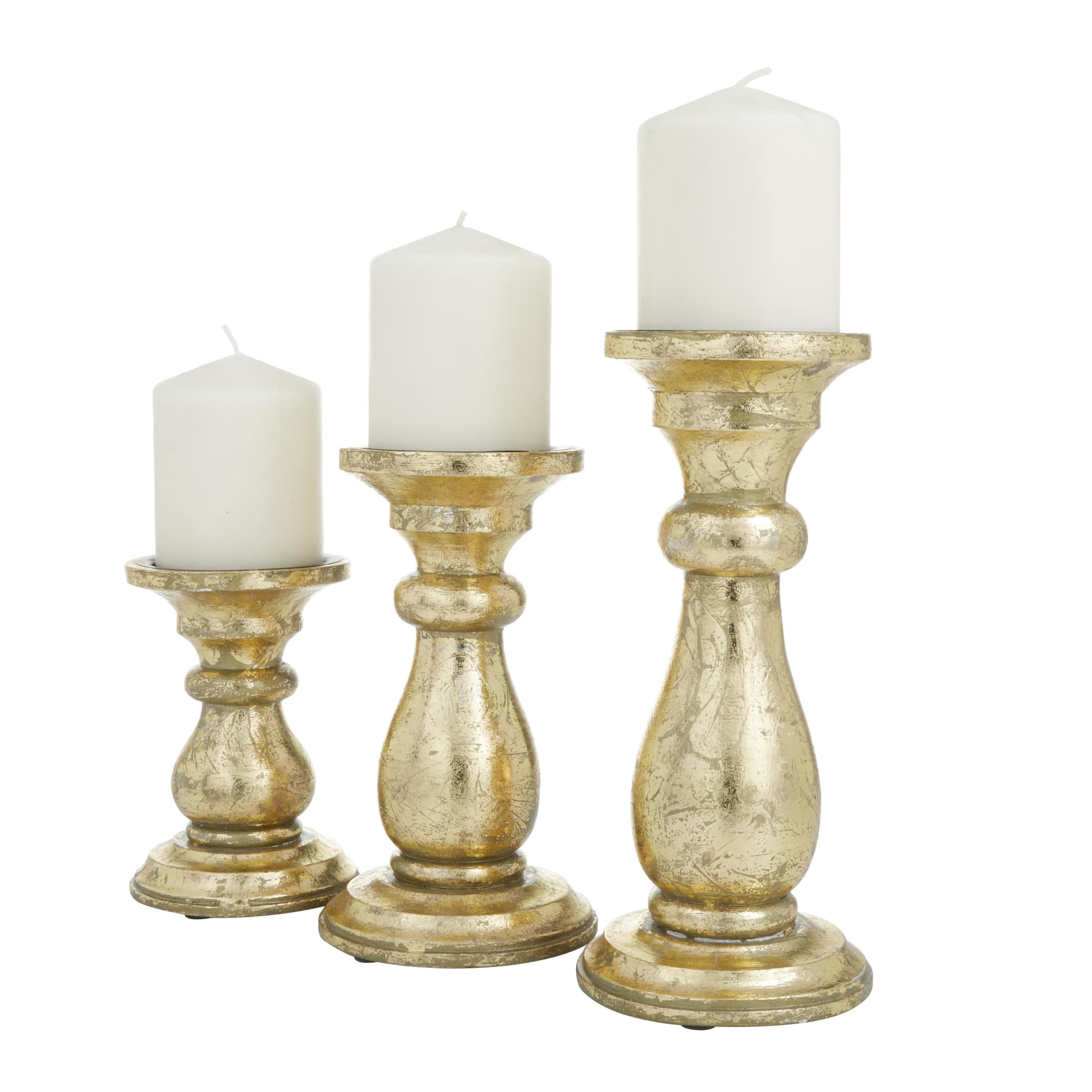 DecMode 3 Candle Gold Mango Wood Turned Style Pillar Candle Holder, Set of 3