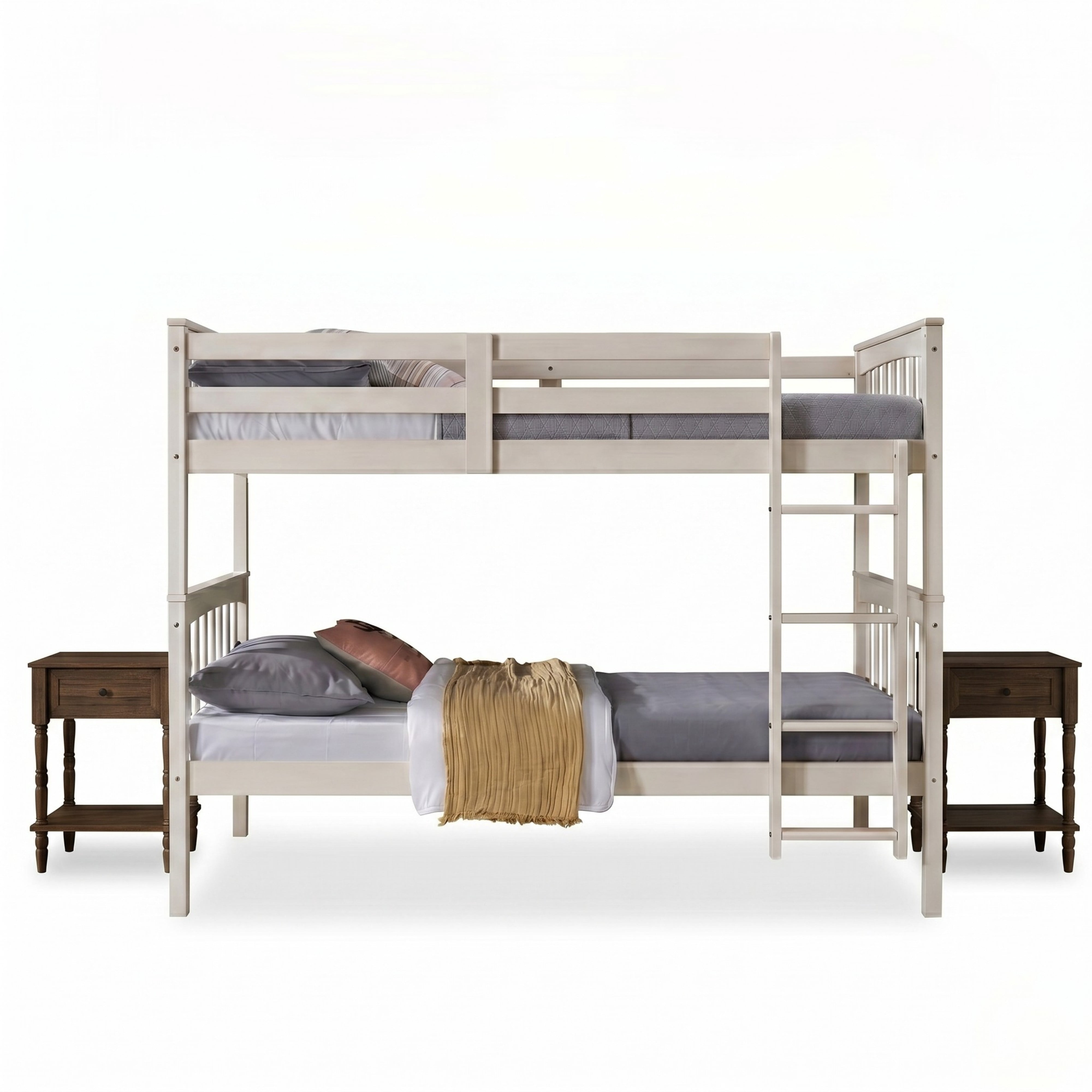 Home Design Ames Twin Over Twin Solid Wood Bunk Bed with 2 Ruston Nightstand – 3-Piece Space-Saving Bedroom Set, Antique White/ Brown