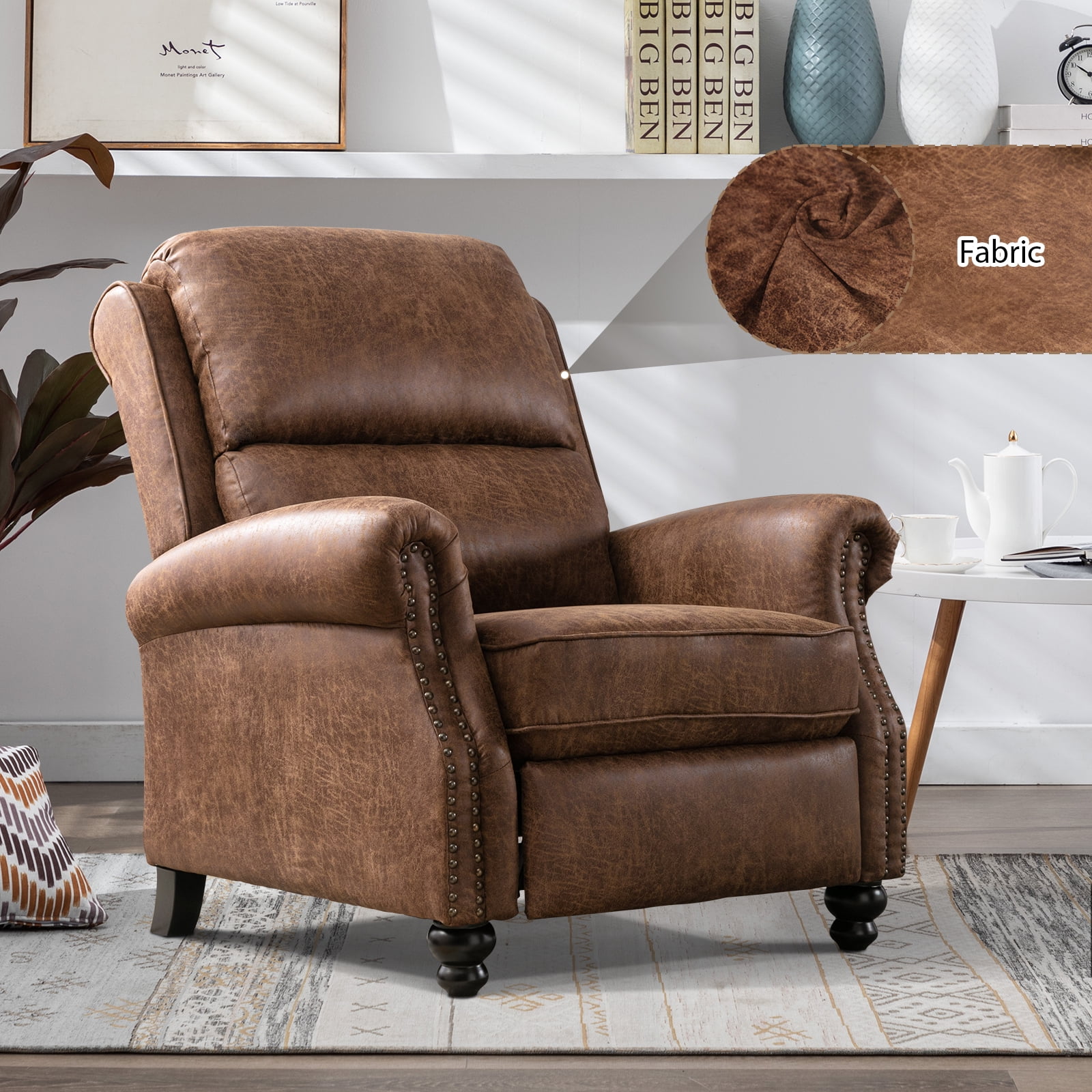 Ebello PU Leather Pushback Recliner Chair with Nailhead Trim - Vintage Style Push Back Lounge Chair for Bedroom & Living Room 350lbs Capacity, Brown