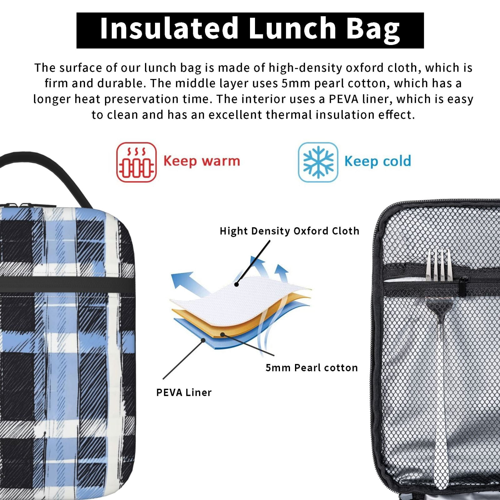 Lunch Bag For Women Men Insulated Portable Lunch Box Bento Box Office Picnic Travel Cooler Bag Mediumblue Houndstooth Buffalo Plaid Tartan Check Scotland Hand-Drawn Sketch_3