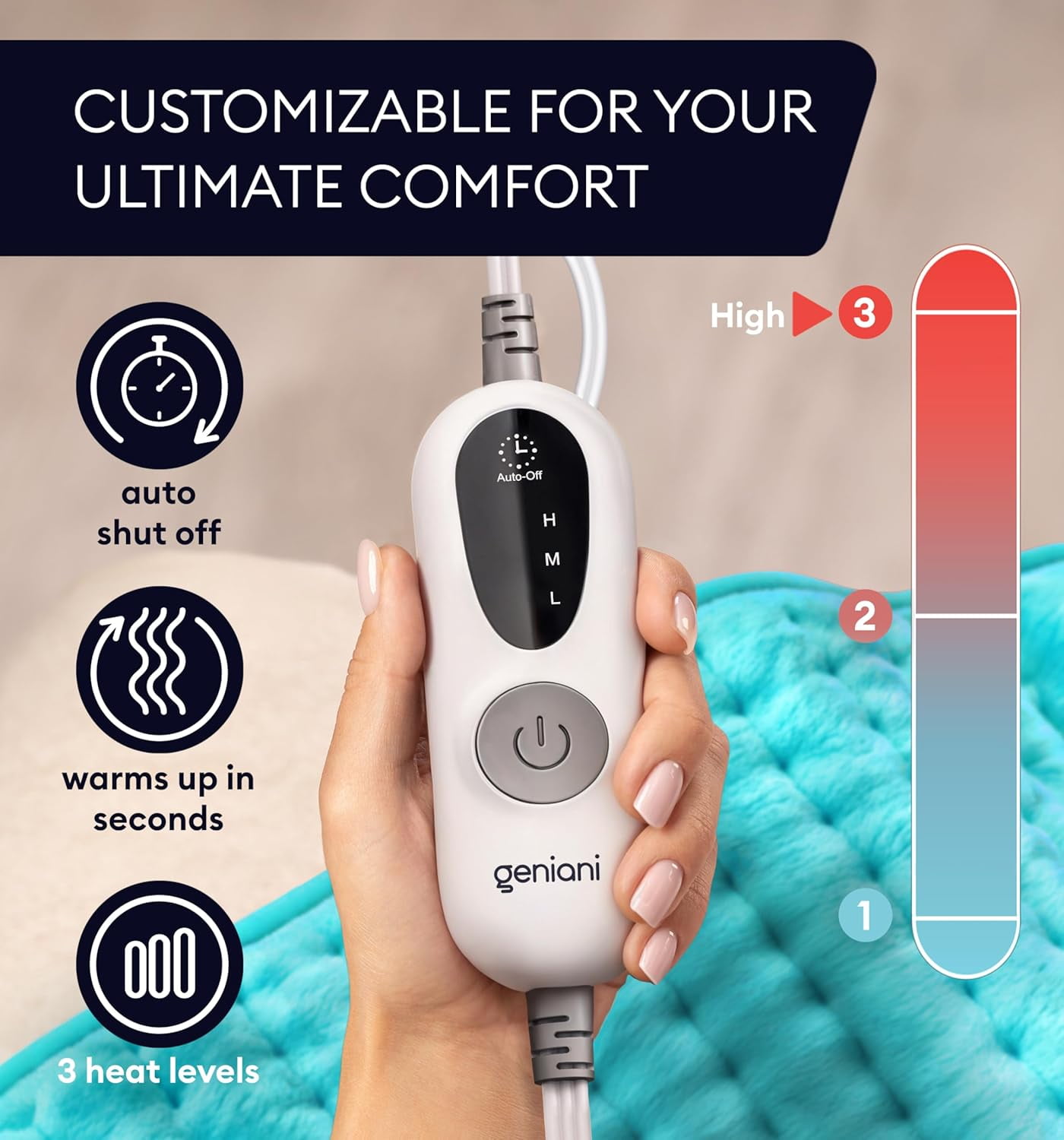Geniani XL Double-Sided Electric Heating Pad for Back Pain Relief – Heat Pad with 6 Heat Settings, Auto Shut Off, Ultra-Soft Machine Washable Fabric for Everyday Comfort (12"×24", Viridian Green)