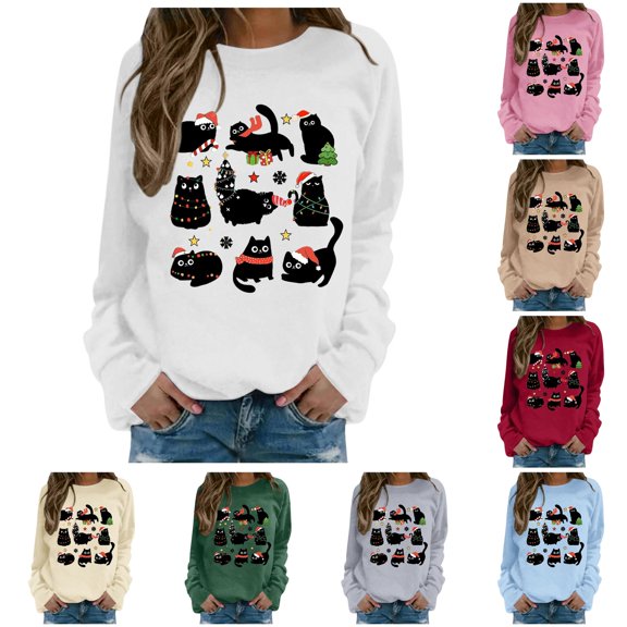 XIAOCHA Women's Crew Neck Sweatshirt Christmas Black Cat Graphic Pullover Top, White, Sizes S