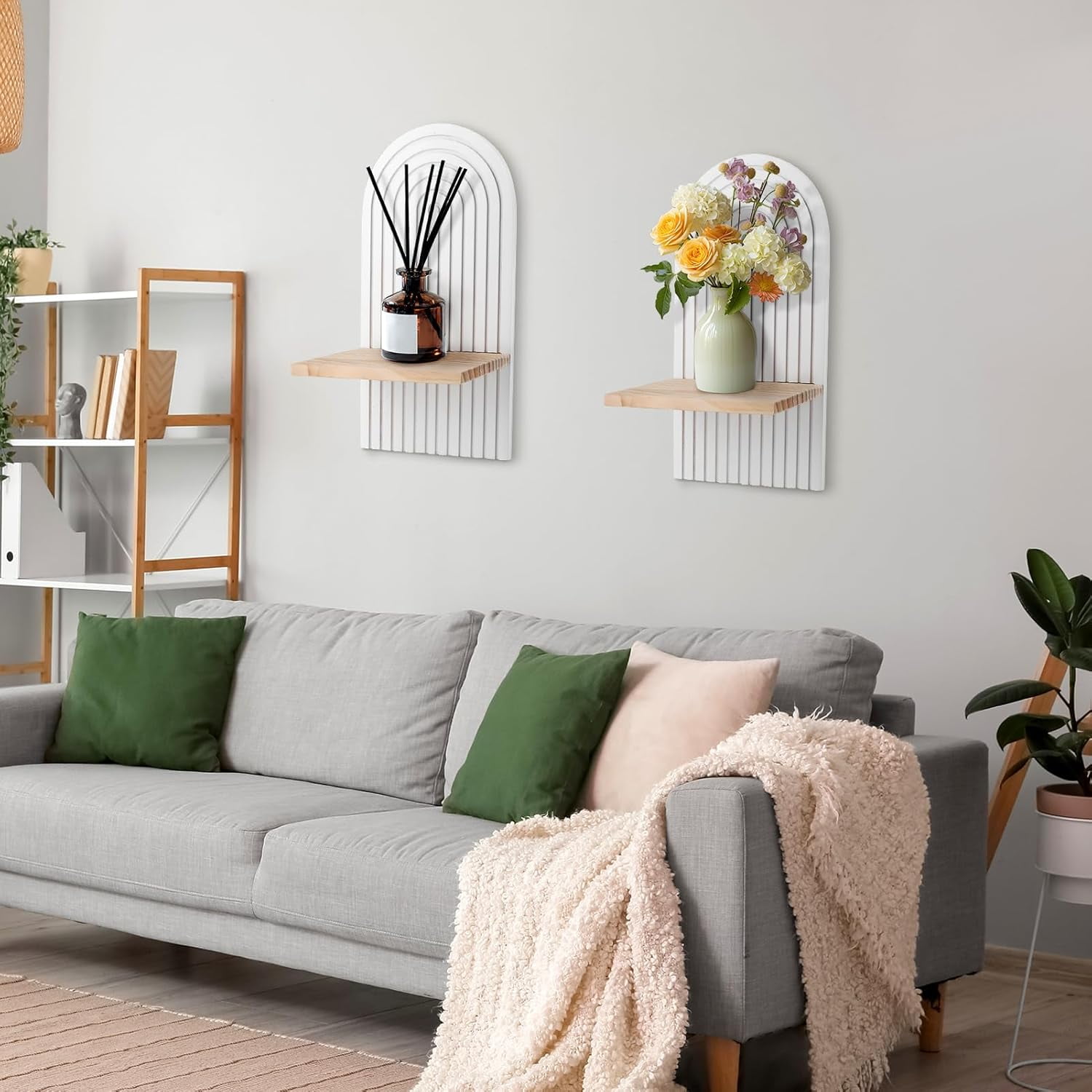 JUMRHFAN Wall Shelf White Boho Wall Decoration Wooden Shelf Wall Floating Shelves Bookshelf Wall Modern Wall Shelf Decoration Living Room Bedroom Office Plant Rack Flower Pot Wooden Rack