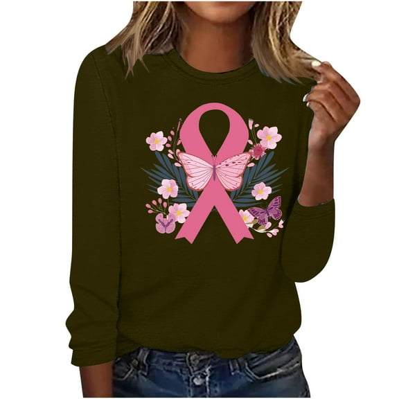 CLOISE Breast Cancer Blouses Women Long Sleeve Crewneck Tshirts Butterfly Ribbon Pink Breast Cancer Awareness Tee Shirts Cute Comfy Shirts Cancer Fight Clothes Army Green XL
