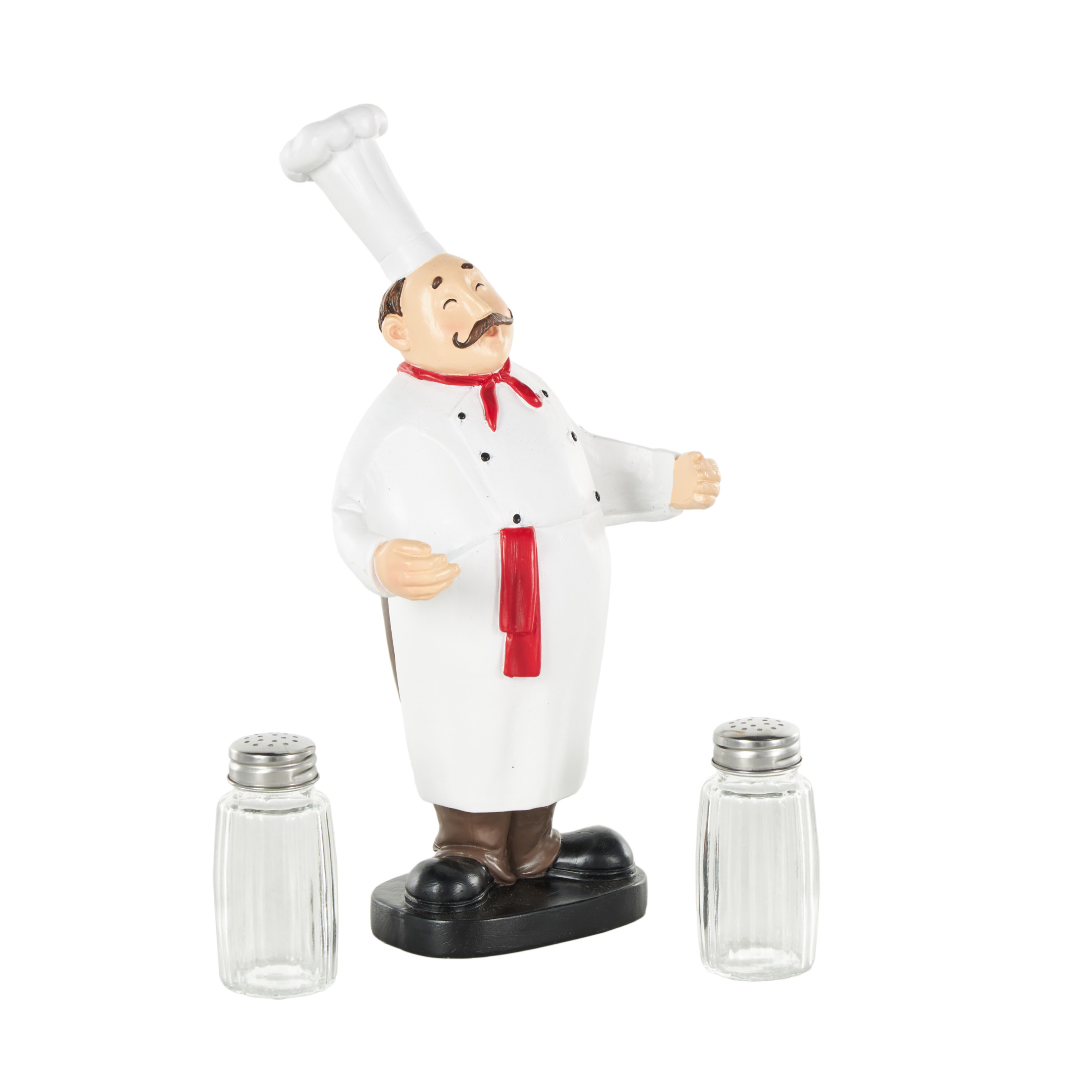 Chef 11.0" Polystone Kitchen Decorative Figurine Salt and Pepper Shaker Holder with Red Accents, by DecMode