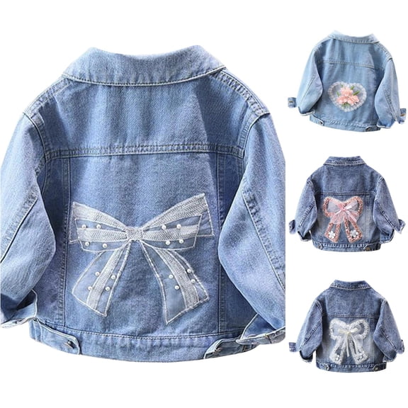 Bigetiay Girls Bow Printed Long Sleeve Cartoon Cute Denim Jacket Outerwear for Toddler Kids Spring Autumn, Size 7-8 Years