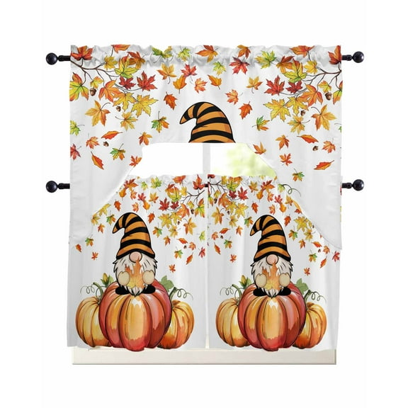 Burnt Orange Thanksgiving Kitchen Curtains Sets 24 Inch Length with Valance, Fall Plaid Pumpkins Gnomes Leaf Swag Valances and Tiers Curtain Set Drapes Swag Curtains for Living Room, Bathroom