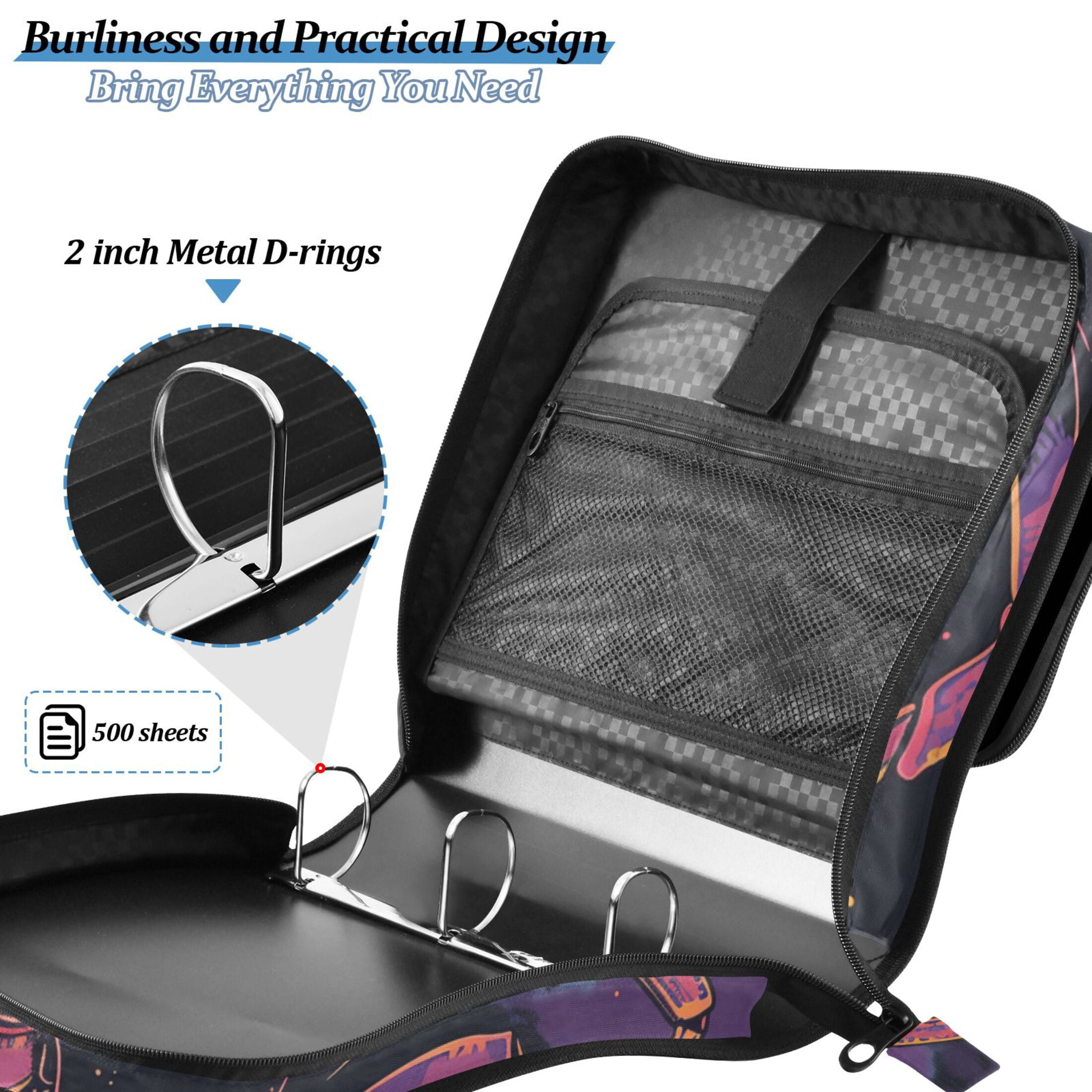 3 Ring Zipper Binder with Shoulder Strap Waterproof Trapper Keeper 2 Inch D-Ring 500 Sheets Capacity Crab in Space