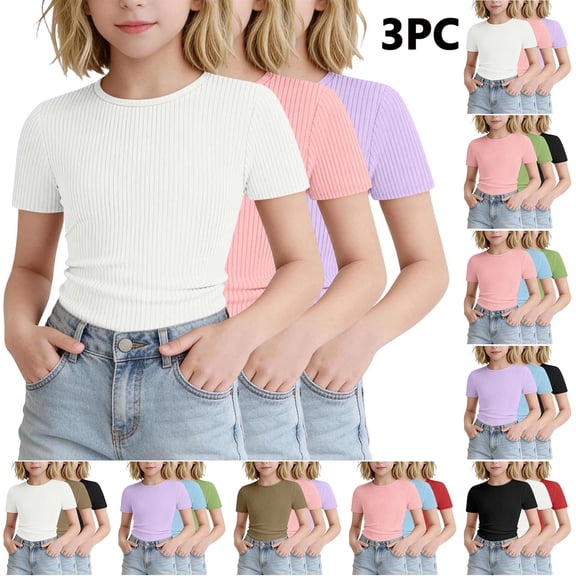 SGFCWSX Girls T Shirt 3 Pack Ribbed Knit Short Sleeve Crew Neck Slim Fit Cropped Casual Soft Basic Kids Daily Wear Tee Tops White Size 7/8