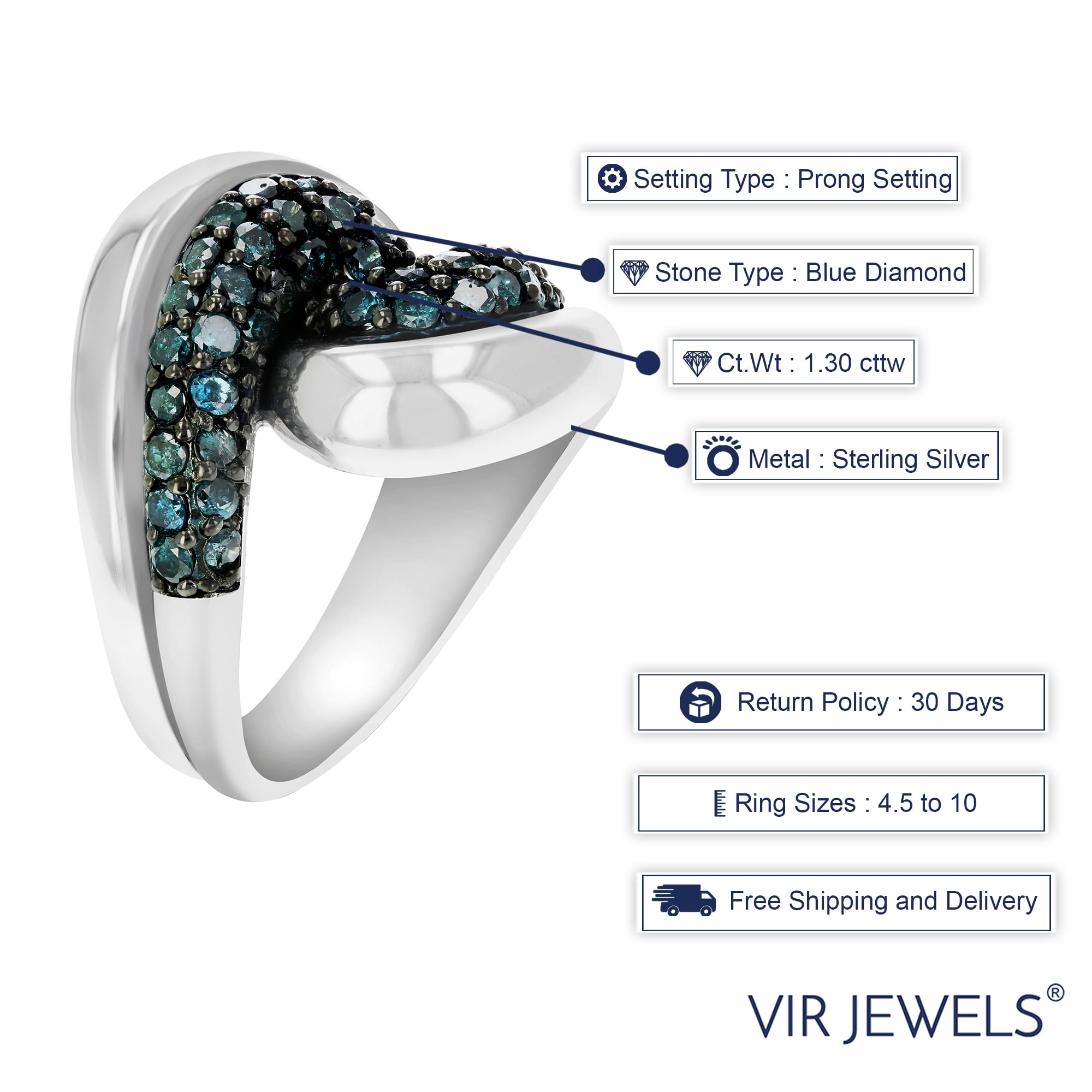 Vir Jewels 1.30 CTTW Blue Diamond Knot Ring .925 Sterling Silver with Rhodium Size 7 Female Adult