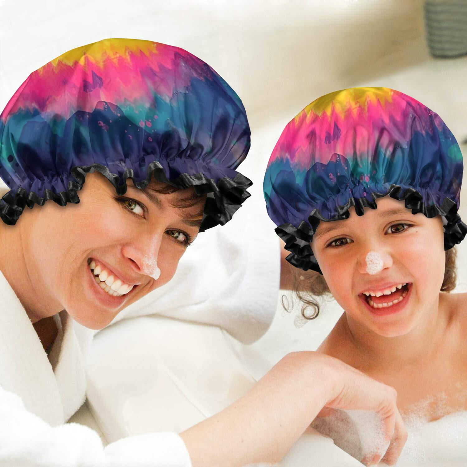 Shower Caps,Colorful Tie Dye Pattern Waterproof Shower Cap for Women 4 Pieces,Double Reusable Hair Cover for Shower PEVA Elastic Stretch Hem