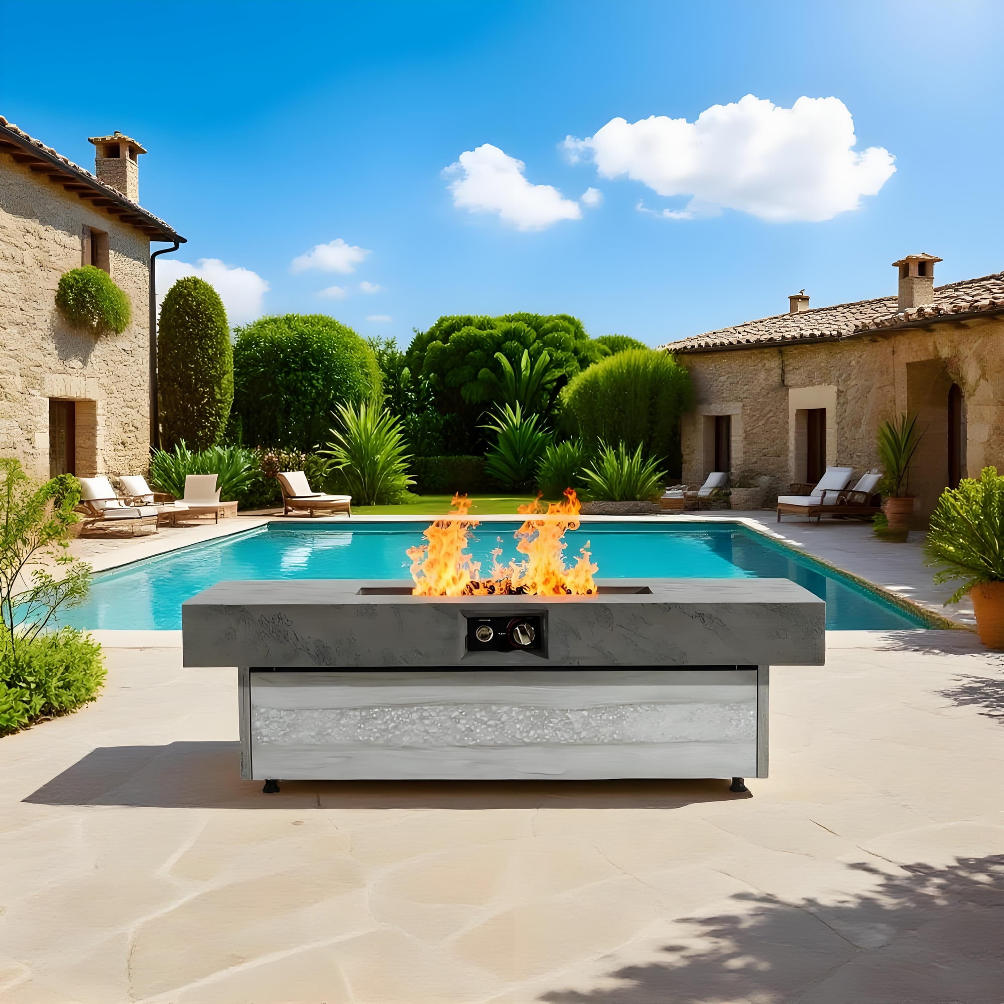 48" Outdoor Propane Fire Pit Table, 50,000 BTU Rectangle Fire Pit with Adjustable Height & Removable Lid, Patio Heater with Glass Stones for Deck, Garden, Backyard