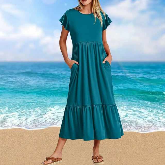 Mefallenssiah Robe d'Été Décontractée à Manches Courtes Col Rond Robe Maxi Fluide de Plage avec Poches