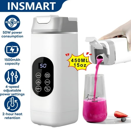 INSMART Personal Portable Blender with 12 Stainless Steel Blades, 450ml/15oz Orange Juicer,4-Speed Adjustment, Auto Clean,Type-C, BPA-Free for Smoothies,Ice Crushing,White