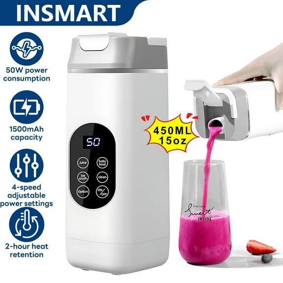 INSMART Personal Portable Blender with 12 Stainless Steel Blades, 450ml/15oz Orange Juicer,4-Speed Adjustment, Auto Clean,Type-C, BPA-Free for Smoothies,Ice Crushing,White