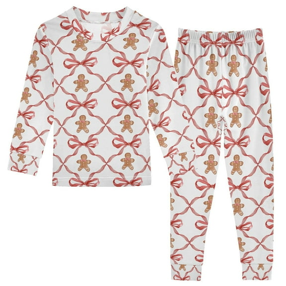 joogoo Gingerbread Bows 2 Piece Long Sleeve Tee and Pants Cotton Pajama Set 5Y