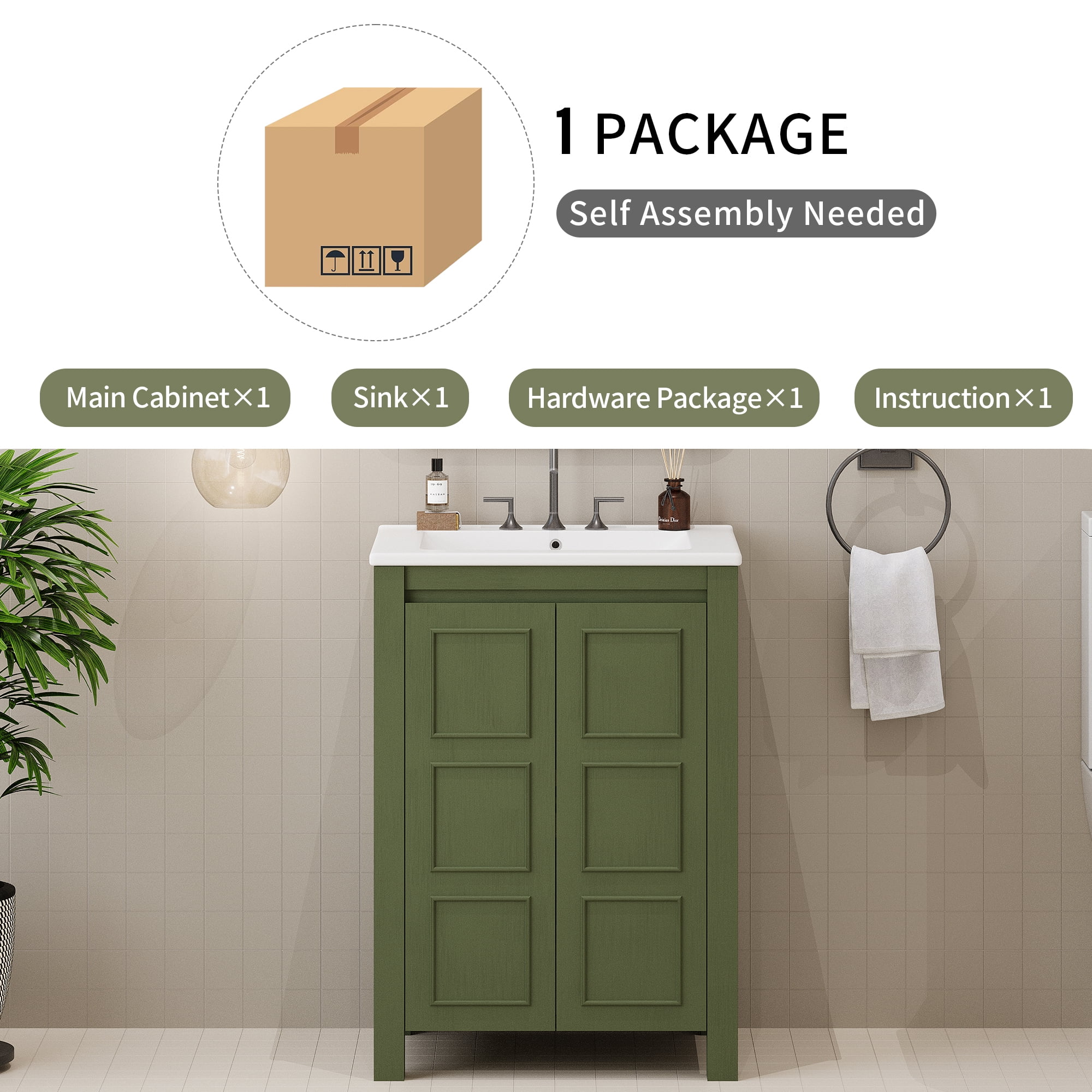Euroco Bathroom Vanity with Ceramic Sink, Soft-Close Doors, and Adjustable Storage Shelf, Vintage Wood Cabinet for Small Bathrooms