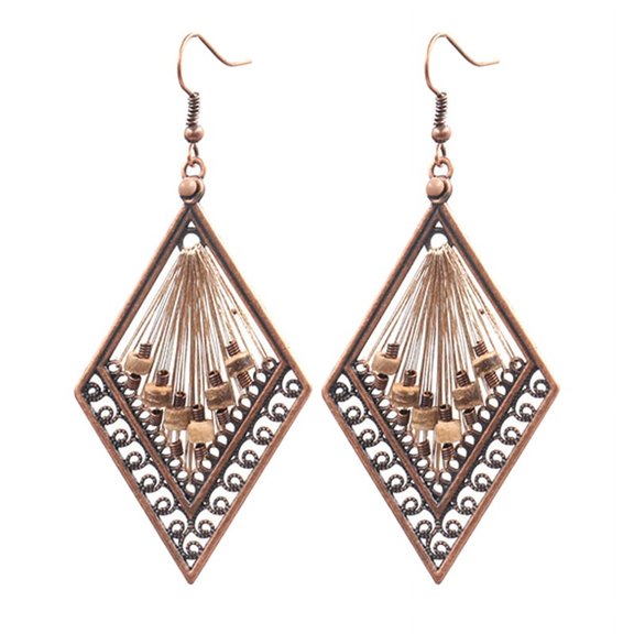 Ruanlalo Bohemian Women Hollow Rhombus Pendant Thread Dangle Drop Hook Earrings Jewelry Ancient Bronze
