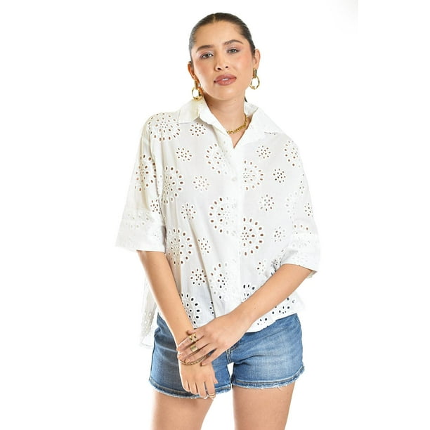 Blusa bordada de algodon Roman Fashion /Juvenil, 3952 (Blanco) blanco M