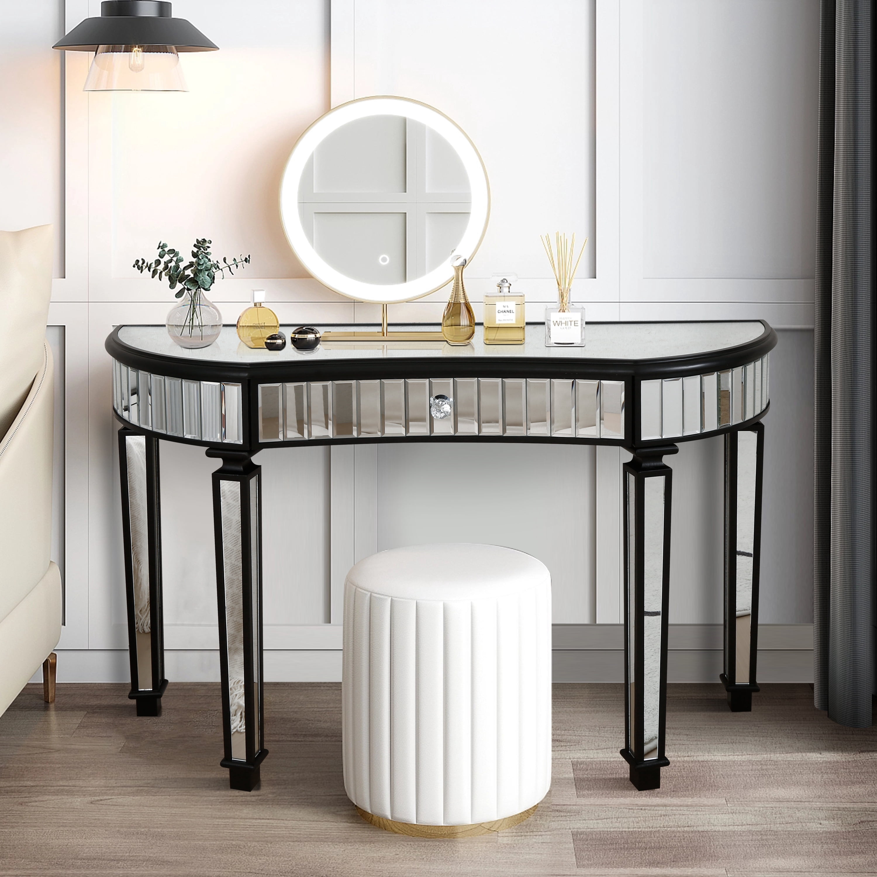 47" Half-Moon Mirrored Console Table Entryway Vanity Desk with Fluted Glass & Crystal Knob Drawer for Bedroom/Dressing Room (Black+Sliver)