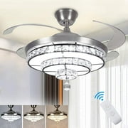 Depuley 36W Modern Remote Crystal Ceiling Fan with Light, , 3 Blades Retractable LED Fan Chandelier, Color Changeable 3000K-5000K