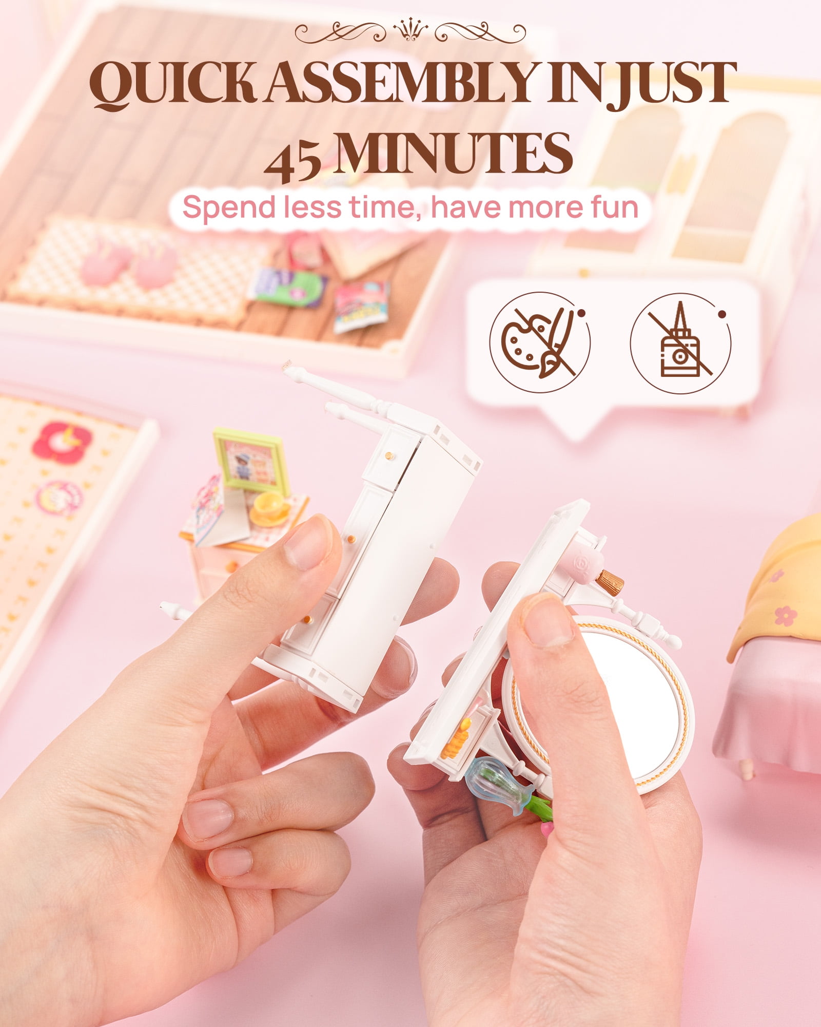 ROBOTIME Super Creator DIY Miniature House Kit,Tiny Home Craft Kits with LED,Mini Dollhouse Building Set,Gifts for Teens Adults(Lovely Pink Bedroom)