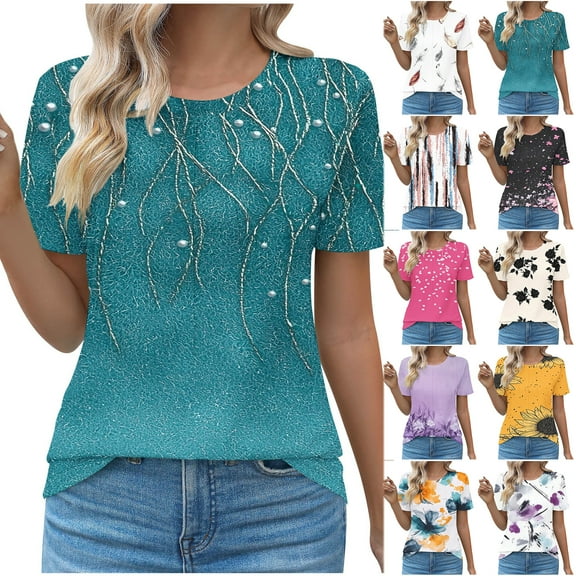 JTZGDY Womens Pleated Crewneck T-Shirts Cute Summer Floral Printed Short Sleeve Graphic Tunic Tops Lightweight Dressy Pullover Blouse Multicolor#07 XXXL