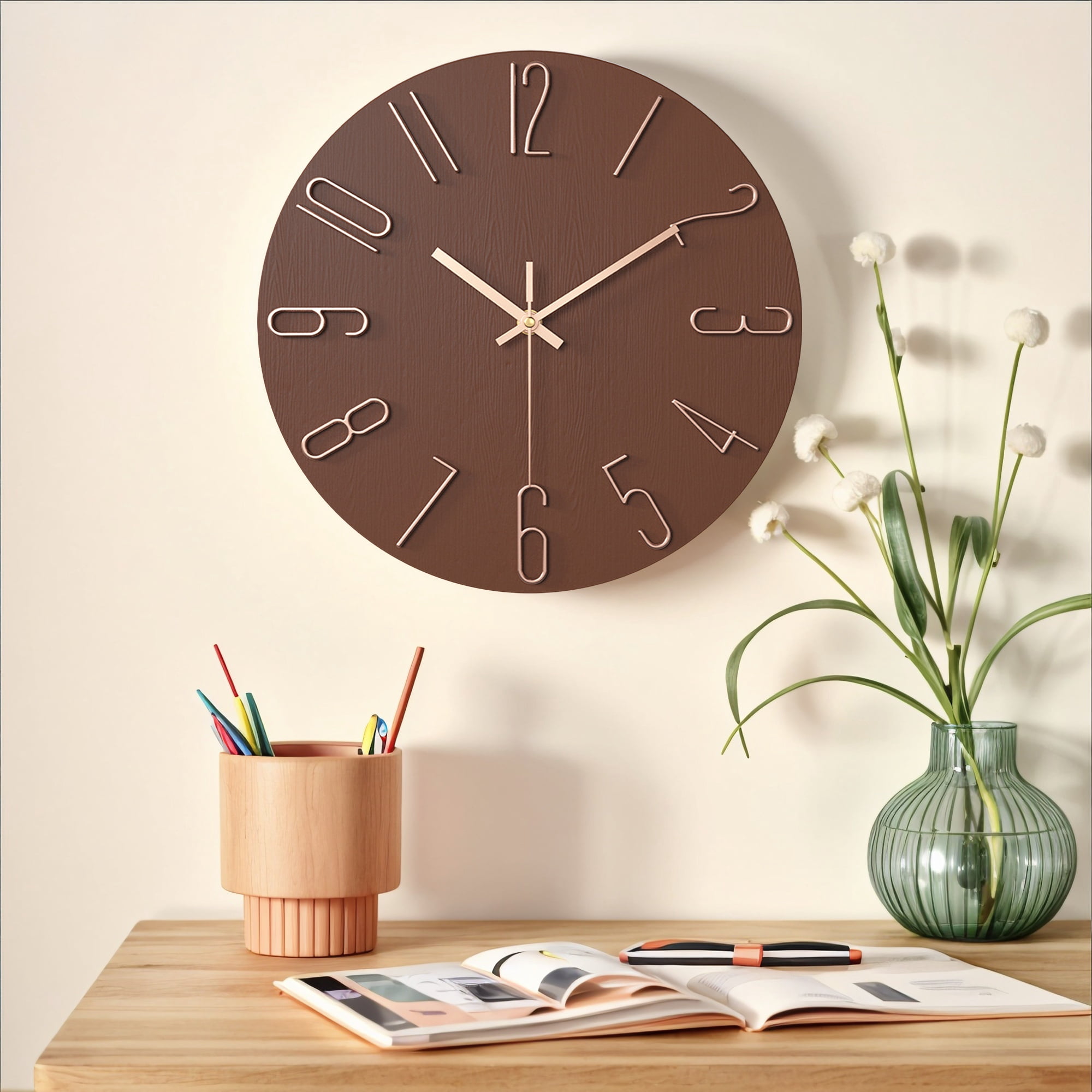 Unique Bargains 2 Pcs Analog Battery Operated Wall Clock 12 Inch Brown/Black