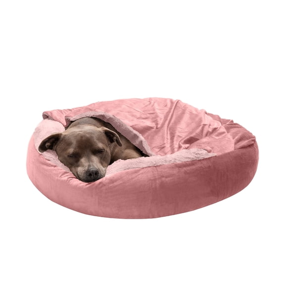 Furhaven 27" Round Medium Donut Dog Bed Plush Velvet Waves Hooded Calming Cuddler, Washable - Rose Pink, Medium Faux Fur & Velvet Rose Pink Medium Snuggery Donut Bed