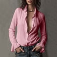 thumbnail image 2 of XPMWRP Womens Summer Tops Casual Trendy Cotton Linen Ruffle Cuff Shirts Button Down Collared Dressy Long Sleeve Blouses Pink S, 2 of 9