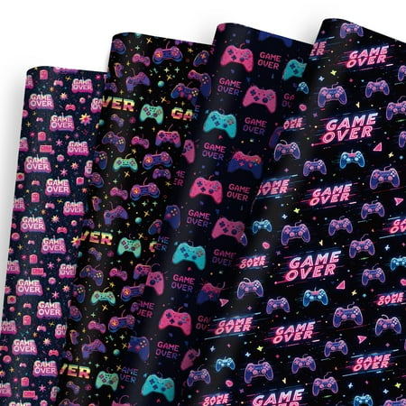 Gaming Wrapping Paper PriNst 12 Sheets Neon Video Game Controller & Game Over Themed Gift Wrap Colorful Gaming Design Packing Paper for Gamers,Birthday,Party Supplies,20"×28"