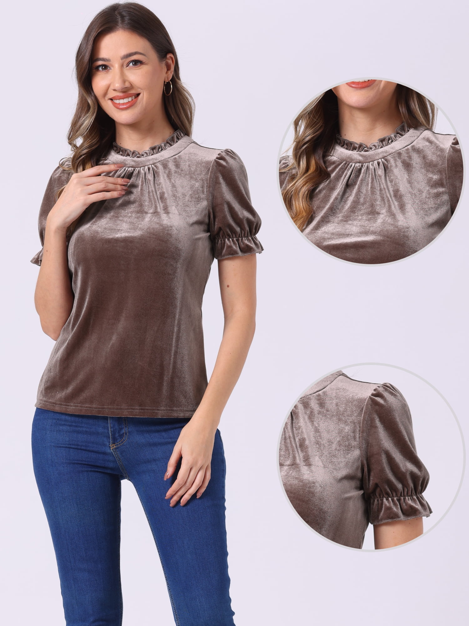 DARING DIVA Ruffle Collar Short Sleeve Velvet Blouse XS Light Brown