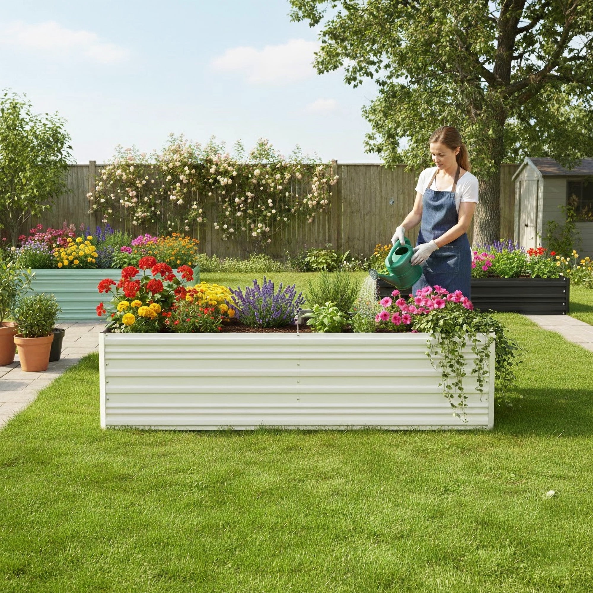 WORKPRO Galvanized Raised Garden Bed, 7.5 x 4 x 2 ft Outdoor Garden Planter Box for Vegetables, Flowers and Herbs, White