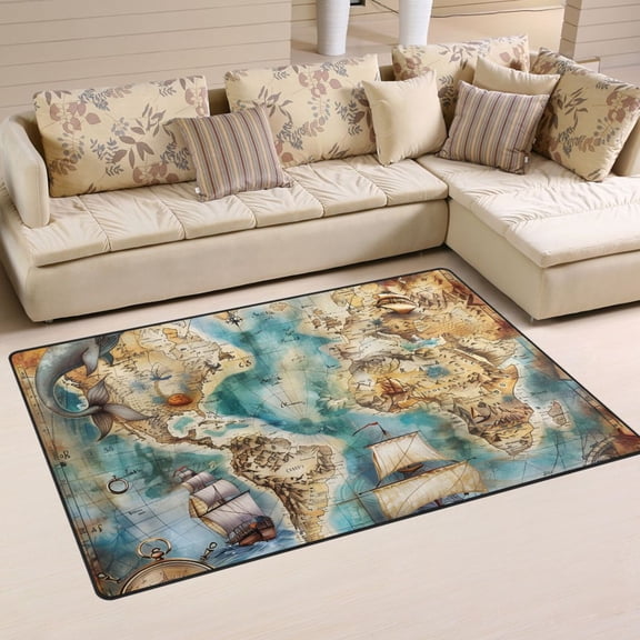 Sailing Ship Boat Map Mermaid Area Rug Washable Floor Carpet Mat 60 x 39 inch for Bedroom Living Room Kids Room Home Decor