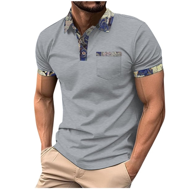 Mens Manga Corta Botón Abajo Camisas Solapa Color Cuello de Vuelta, Al Aire Libre Casual Blusa para Hombres