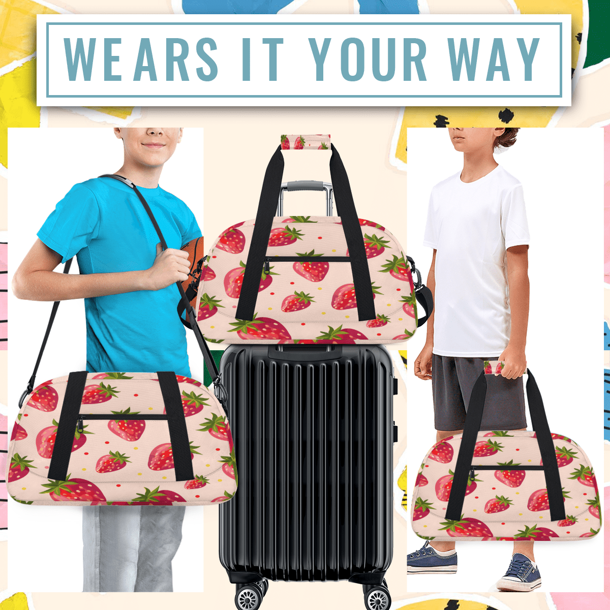 Herdesigns Strawberry Sports Duffle Bag for Women & Men, Strawberries Gym Bag Dance Bag Overnight Bag Carry On Weekender Travel Bag