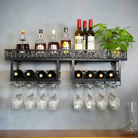 FETCOI 2-Tier Industrial Wall-Mounted Wine Rack 2 Layer Bottle Storage Shelf Black