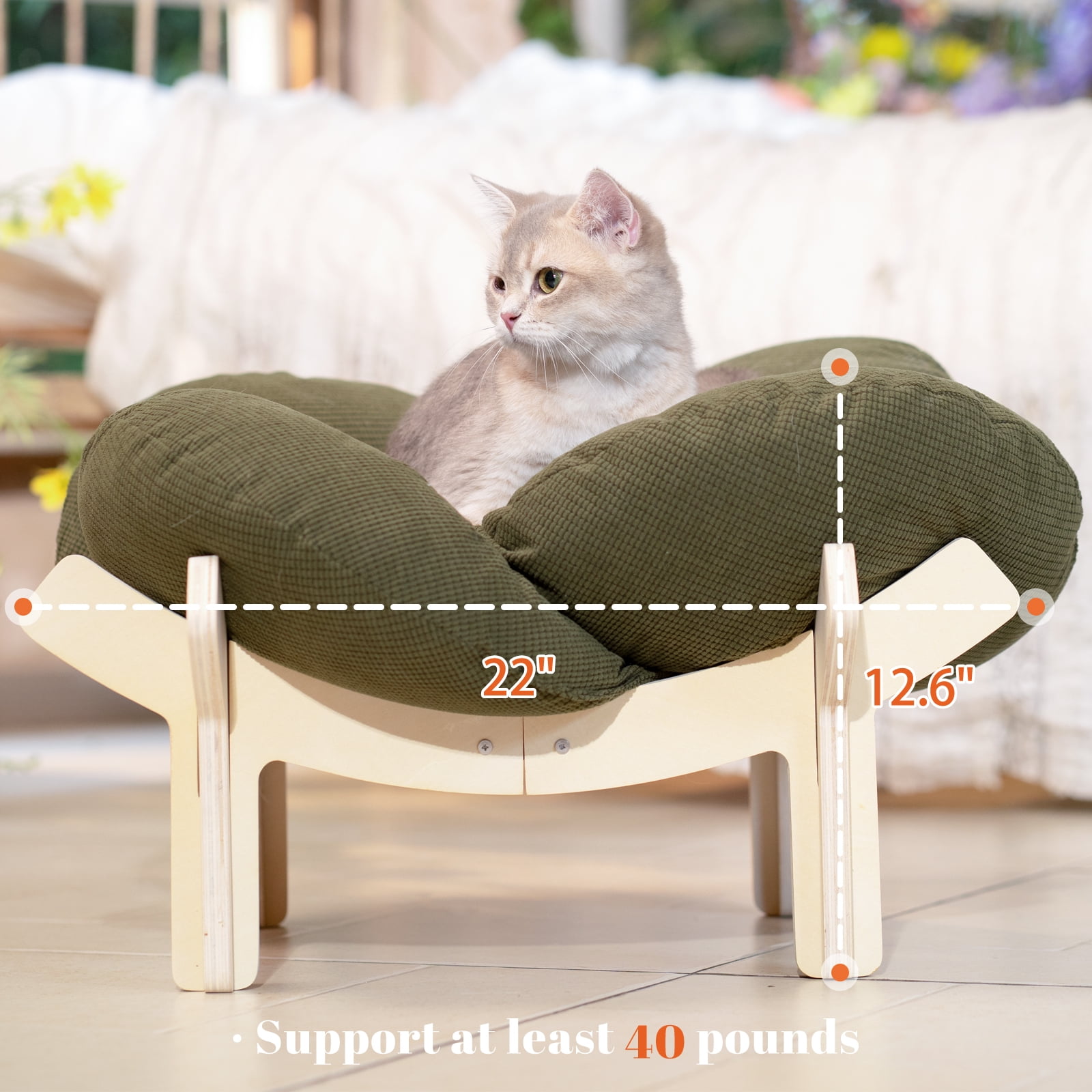 CheerPals Elevated Cat Bed, Washable Flower Pet Cushion with Sturdy Wooden Frame, Heavy-Duty Lounge Chair for Indoor Cats & Small Dogs, Green