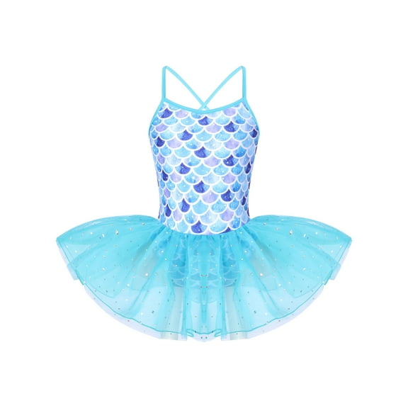 YEAHDOR Kids Girls Summer Sleeveless Ballet Dance Dress Toddlers Glitters Mermaid Mesh Tutu Gymnastics Leotard Dancewear Blue Fish Scales 10