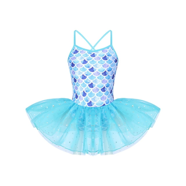 HULIJA Enfants Filles Écailles de Sirène Robe de Danse Ballet Jupe Tutu Costume de Performance de Ballerine Tenue de Danse Écailles de Poisson Bleues 5