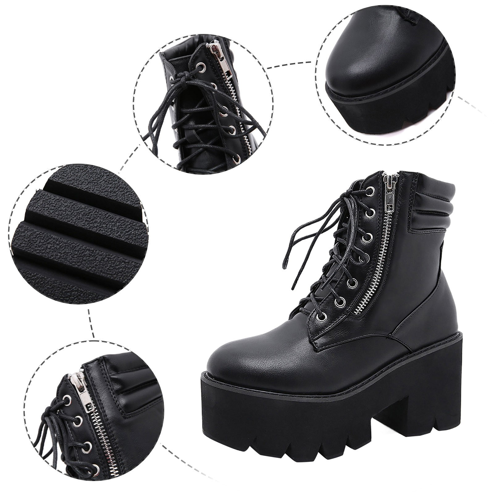 B91xZ Chunky Platform Boots Exterior Zip Flat Ankle Boot Black 8.5