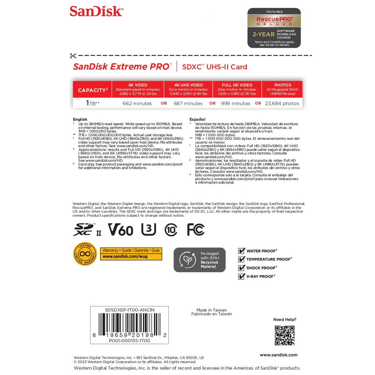 SanDisk 1TB Extreme PRO UHS-II V60 SDXC Memory Card