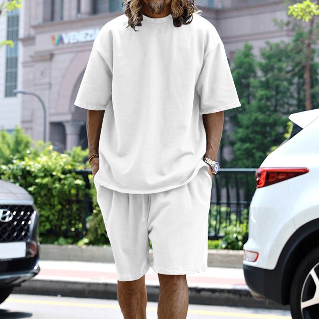 2024 European and American Foreign Trade Amazon plus size Casual Men‘s Suit Loose Short Sleeve Men‘s T Spring and Summer Shorts Solid Color Men‘s Wear