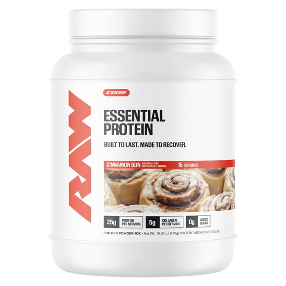 RAW Nutrition Essential Protein Powder, 25g Protein, Cinnamon Bun , 15 Servings