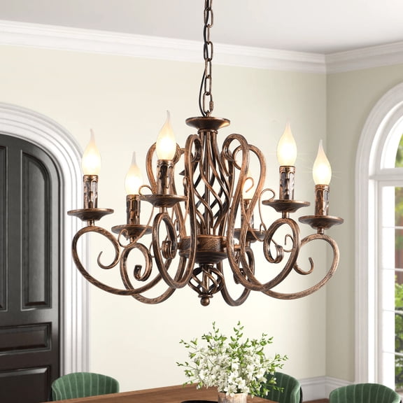 Ganeed 20 in 6-Light Farmhouse Chandelier, Rustic Candle Style Chandelier with Adjustable Hanging Chain, Dimmable Dining Room Light Fixture for Living Room, Dining Room