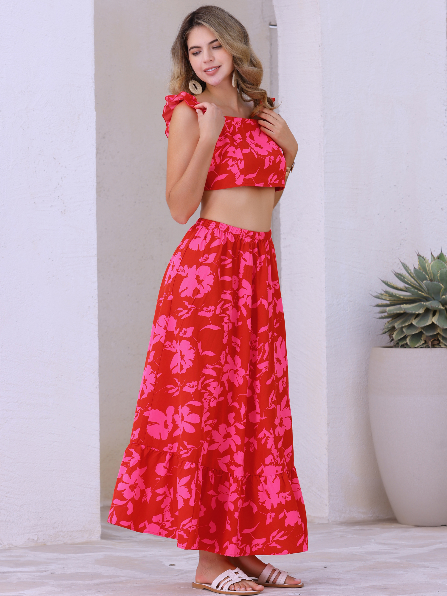 DARING DIVA Floral Print 2 Pieces Set  Summer Tank Top Maxi Skirt M Red