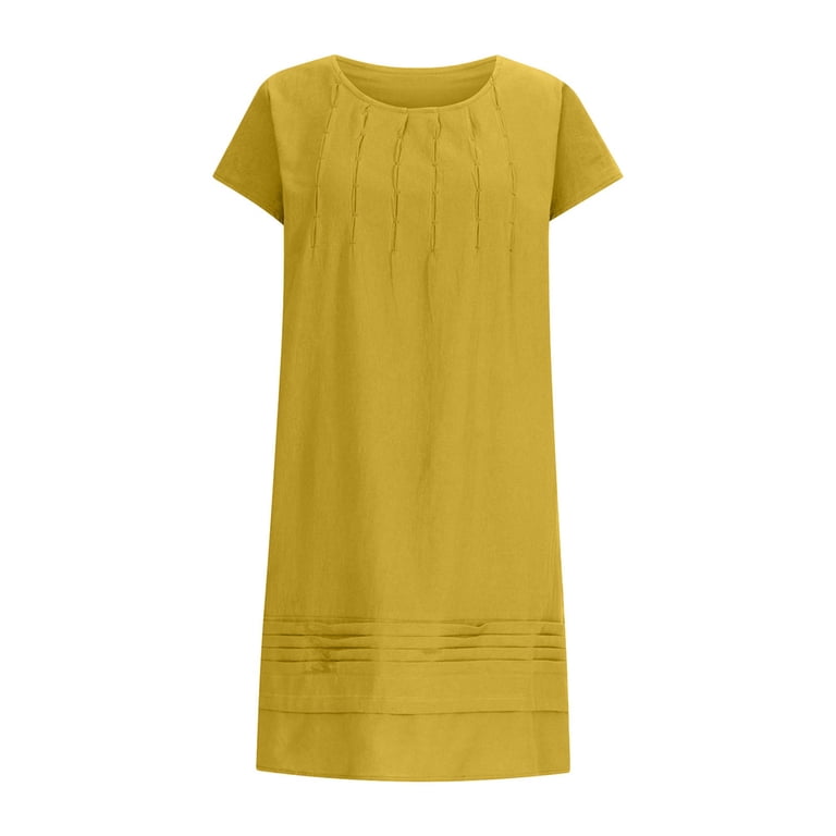 hot cotton dresses New Hot Cotton and Linen Summer Dresses 2025 Women's Solid Crewneck Loose  Pleated Dress Fashion Short Sleeve Beach Casual Dress Knee Length