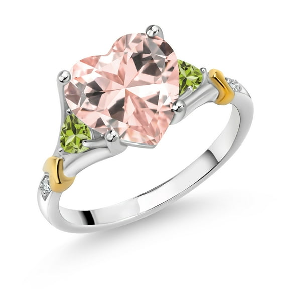 Gem Stone King 925 Silver and 10K Yellow Gold Peach Nano Morganite and Green Peridot and White Diamond Engagement Ring for Women | 3.38 Cttw | Heart Shape 10MM (Size 6)