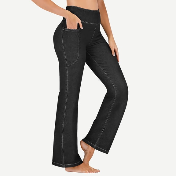 Womens Four Pockets Denim Leggings Solid Color Stretchy Flare Slim Fit Elastic Waist Comfy Fabric Fitness Casual Daily Gym Weekend Ladies Outfit Black 3XL